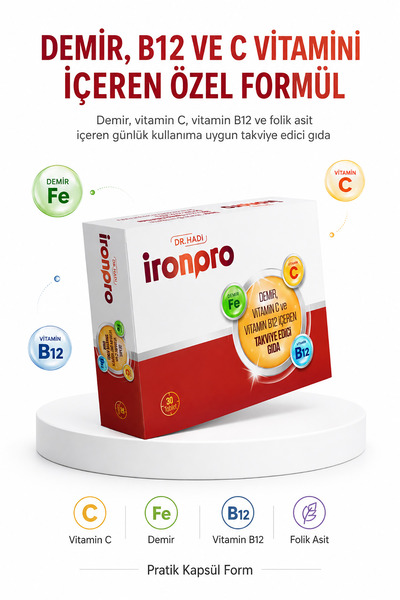 DR HADI Ironpro 30 Kapsül Demir C Vitamini B12 Vitamini İçeren Takviye Edici Gıda