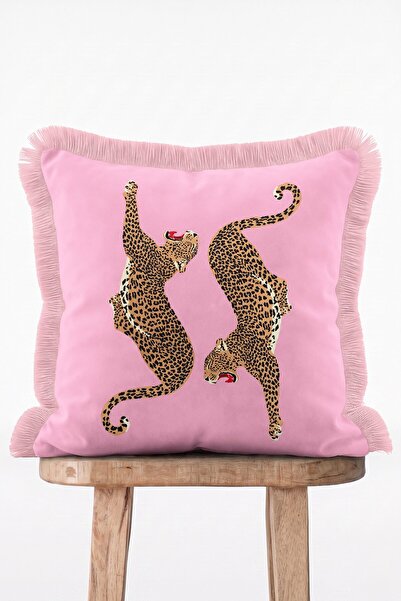 IdeCraft Çift Leopar Desenli Pembe Kırlent Kılıfı - Pembe Saçaklı Yastık Kılıfı