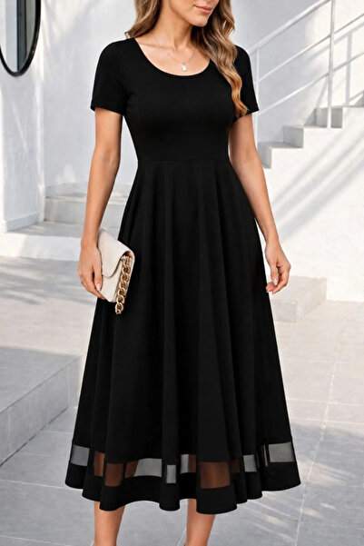 Generic Brand Women's Short Sleeve Round Neck Tulle Detailed Midi Janjan Crep...