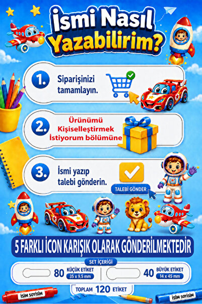 cabuk baskı Erkek Çocuklara Özel 120 Adet İsimli Okul Etiketi Sticker Seti 5 Figürlü Defter Kitap ve Kalem Özel İsimli Okul Etiketi