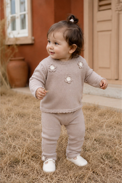Eray Kids Baby Girl Cotton Non-Pilling Floral Detailed Knitted Knitwear Botto...