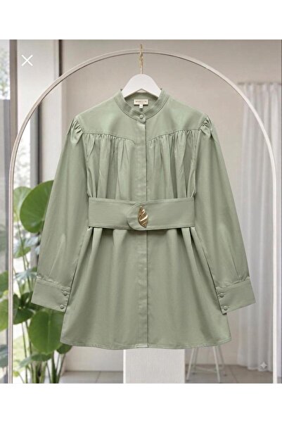 ÇALIŞKAN MODA Leaf Brooched Belted Loose Tencel Tunic [75 Cm, Wide Fit]