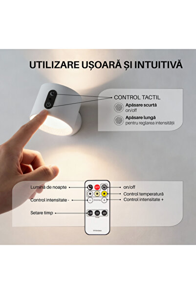 ummo Aplica LED, UMMO®, reincarcabila, Magnetic, 360°, reglabila 3000-6000K, 1800mAh, telecomanda, alb/negru
