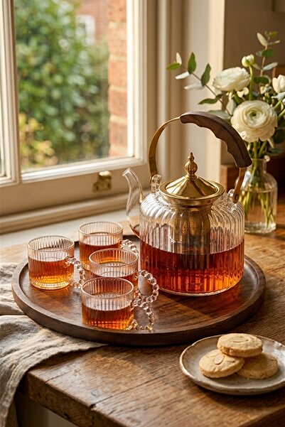 MAKRİ HOME 5 Piece Wooden Metal Handle Striped Glass Tea Set, 1280 ml Teapot ...
