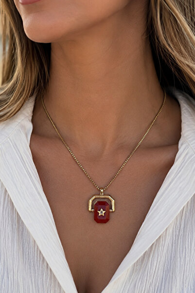 Modex Steel Gold Color Geometric Evil Eye Bead Detailed Stone Necklace (40cm)