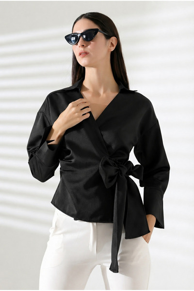 ribana Satin Double Breasted Collar Side Tie Shirt Blouse
