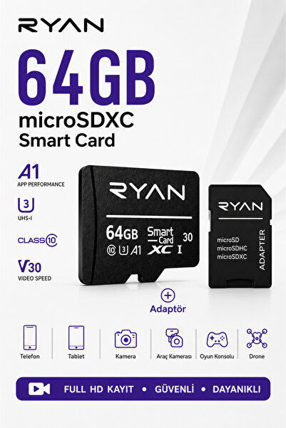 Ryan 64GB Micro SD Hafıza Kartı U3 V30 A1 SDXC 4K Video Destekli Yüksek Hızlı...