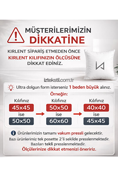İz Home 2 Adet Premium Ultra Dolgun Kare Kırlent İç Yastık | Orijinal Silikon Dolgu | Koltuk Köşe Yastık | Vakum Ambalajlı | Yıkanabilir