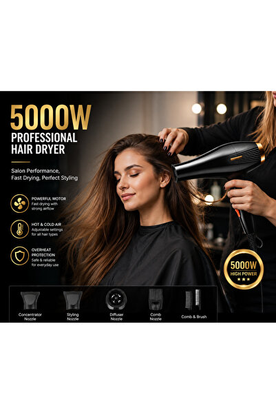 Generic Professional Hair Dryer 5000W High Power 5-in-1 Fast Dry with Hot & C...