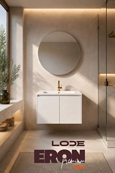 Premium ERON 80 cm Banyo Dolabı – Mat Beyaz Lake | Blum Menteşe | Cerastyle Ibiza Seramik Lavabo | Ayna Dahil