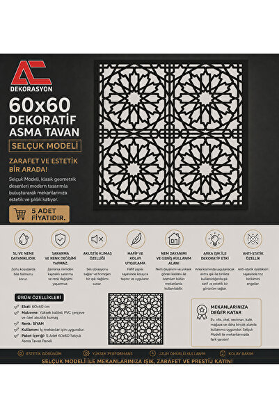 Dekoratif Asma Tavan Paneli Selçuk 60x60 cm Led Uyumlu (5 adet)