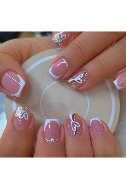 Choice4 black 24PCS Nude Pink Short Square Fake Nails, Gold Lines, Love Desig...