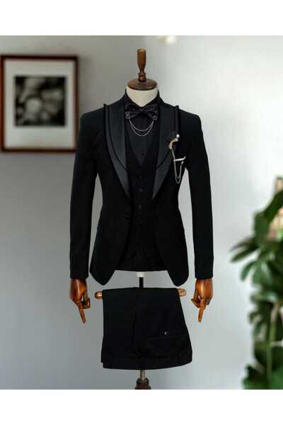 Beystil Kırlangıç Yaka Siyah Yelekli Damatlık & Smokin Takım -Slim Fit