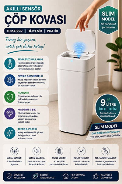 Mayaglory 9 Litre SLİM İNCE MODEL Pratik Akıllı Sensör Çöp Kovası Temazsız Çö...