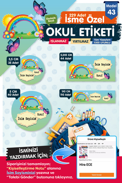 t tuğset etiket Okul Etiketi Kalem Defter Etiketi Özel Isim Yazılabilen Etike...