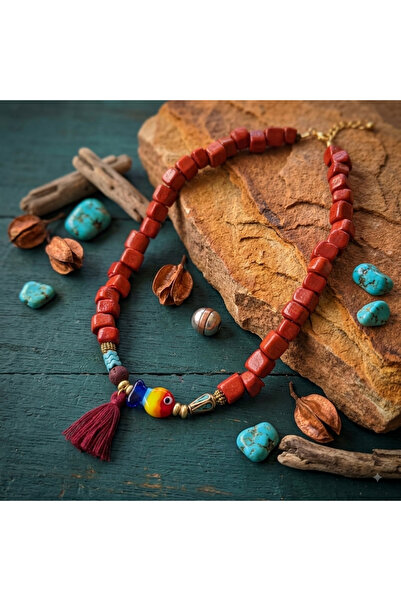 azra takı tasarım E Handmade Authentic Bodrum Beads Red Fish Figured Short Wo...