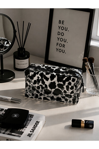 UCCELLO Transparent Leopard Pattern Pvc Makeup Bag Black Zippered Cosmetic Ba...