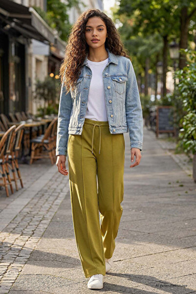 TOMMY LIFE Pantaloni Palazzo pentru femei, cu textura moale, muștar închis, c...