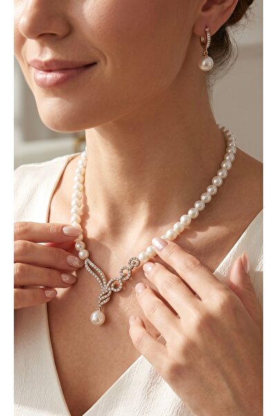 FAYRA ACCESSORIES Zirkon Taşlı Tek Sıra İnci Kolye ve İnci Küpe Seti