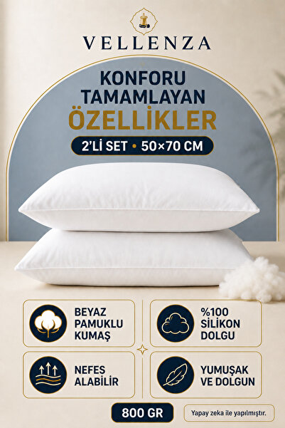 Vellenza 2 ADET Silikon Elyaf Dolgulu Yastık 50x70 cm Mikro Kumaş Yumuşak Dol...