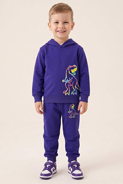 CRASSİ Boy's Tracksuit Set Dinosaur Printed Hooded Hoodie Winter Wear