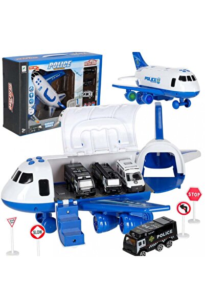 Ikonka Set avion de transport pentru copii Police, cu 3 vehicule de politie i...
