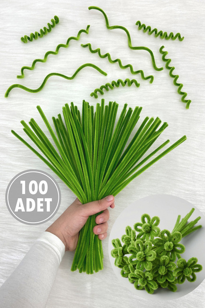 ZEYMERADE Yeşil Şönil 30cm, 100 Adet Tüylü Kadife Tel Peluş, El İşi, Çiçek, H...