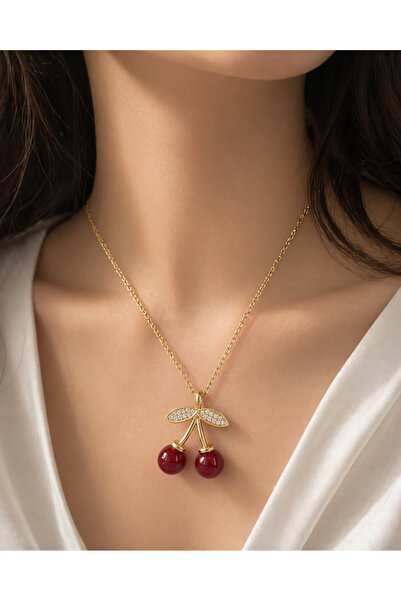 Yuchicly Quality Stainless Steel Cherry Pattern Necklace Gold Color