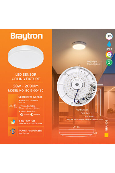 Braytron 20W 5CCT IP54 SIVA ÜSTÜ SENSÖRLÜ LED TAVAN SPOT