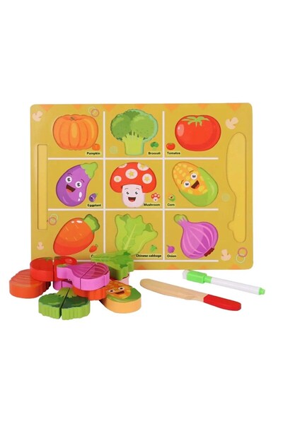 ETOY Joc educativ din lemn cu puzzle si 9 legume colorate de taiat, ideal pen...