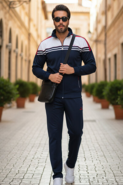 FORE SPORT Men's Navy Blue Striped Tracksuit Set Comfortable Fit Sports Casua...