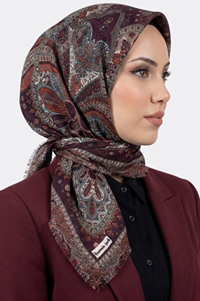 hadiora Kadın Bordo Kiremit Etnik Desenli Pamuklu Flamlı Eşarp