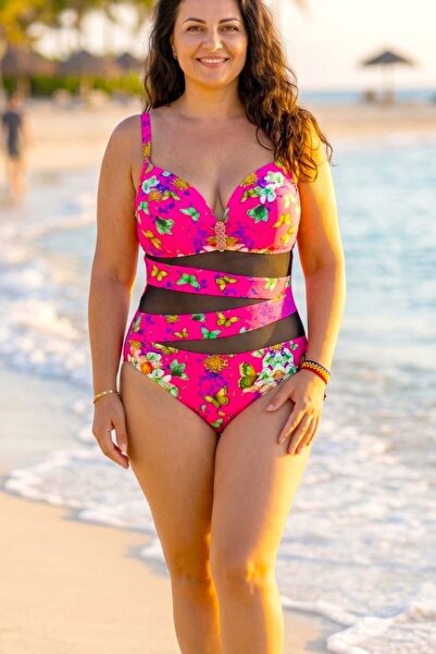 FashionForYou Ολόσωμο μαγιό Estelle με τούλι και στάμπα πεταλούδας, Φούξια Fl...