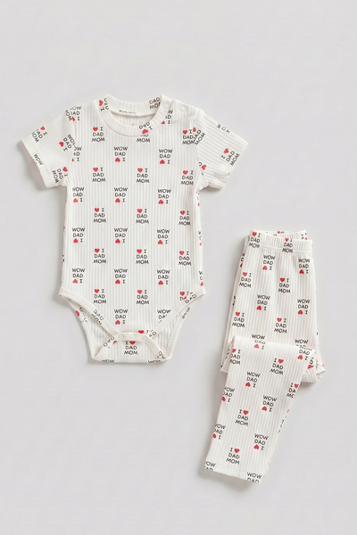 hepbaby I Love Mom Dad Patterned 2-Piece Baby Set with Snap Fasteners