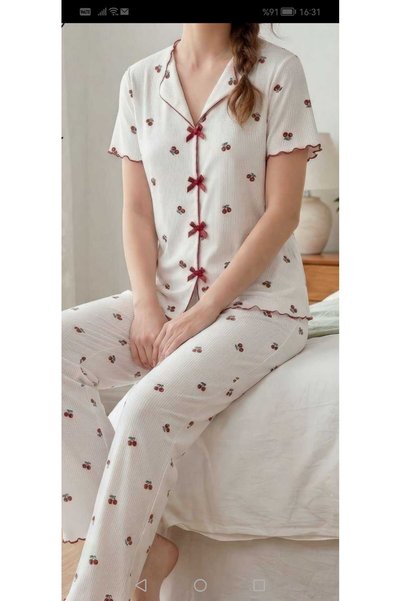 Manolya Women's Camisole White Cherry Patterned Short Sleeve Pajama Set