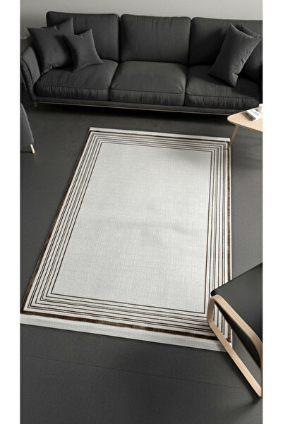 SULTAN HALI Sultan Zen Çizgili Çerçeveli Desen Vizon Modern Akrilik Makine Do...