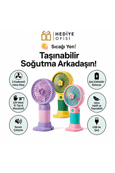hediyeofisi Şarjlı Mini Taşınabilir El Fanı - Sessiz USB Masaüstü Vantilatör