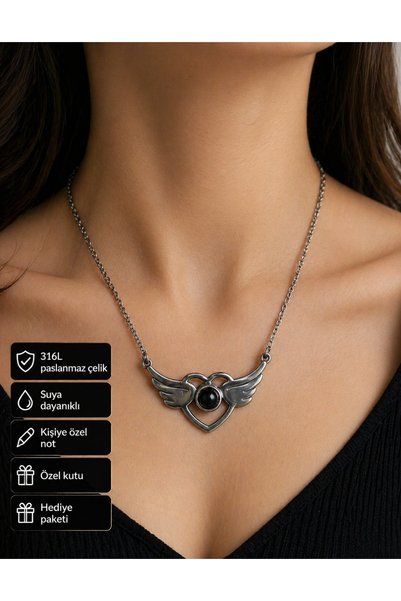 HER ŞEY NOTA www.herseynota.com Stainless Steel Black Stone Winged Heart Pend...