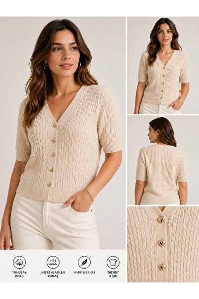 FİFTY ONE Γυναικεία πλεκτή ζακέτα με λαιμόκοψη V και κουμπιά σε σχήμα καρδιάς...