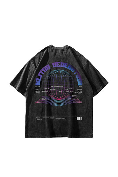 Bak Moda Μπλουζάκι με στάμπα Glitch, Oversize, Unisex, που πλένεται, σε μαύρο...