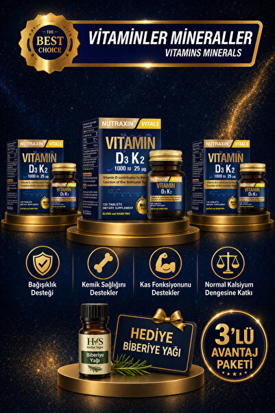 Nutraxin 3 Adet D3K2 120 Tablet – 1000 IU D3 + 25 mcg K2 Vitamini İçeren Takv...