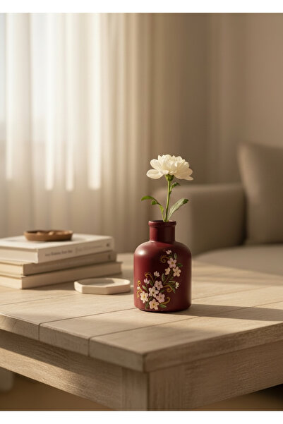 Decorative Mini Vase with Burgundy Flower Motif – 10 x 6 cm