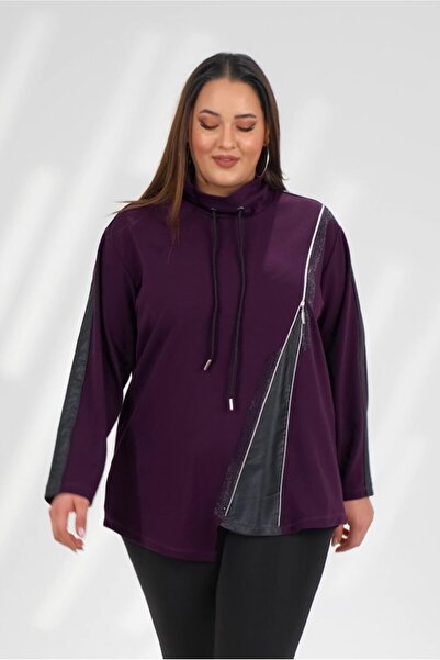 Roxxlen Γυναικεία Μπλούζα Μεγάλου Μεγέθους με Δερμάτινη Διακόσμηση και Πέτρες