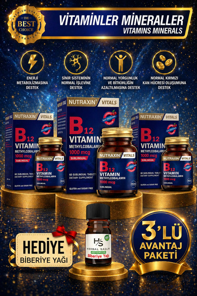 Nutraxin 3 Adet B12 Vitamini 1000mcg Kiraz Aromalı 60 Adet Dil Altı Tablet + ...