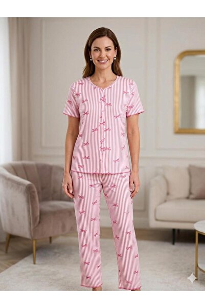 LXL SET DE PIZAMĂ DE DAMĂ CU MÂNECĂ SCURTĂ, CU MODEL, DIN LICHROAL, TIP CAMIS...