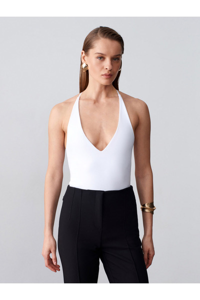 Dilvin 21175 Ολόσωμο κορμάκι με λαιμόκοψη halter - Λευκό