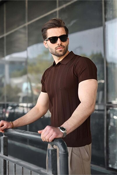 Madmext Καφέ Ανδρικό Πλεκτό Μπλουζάκι με Γιακά Πόλο Στενής Γραμμής E7491