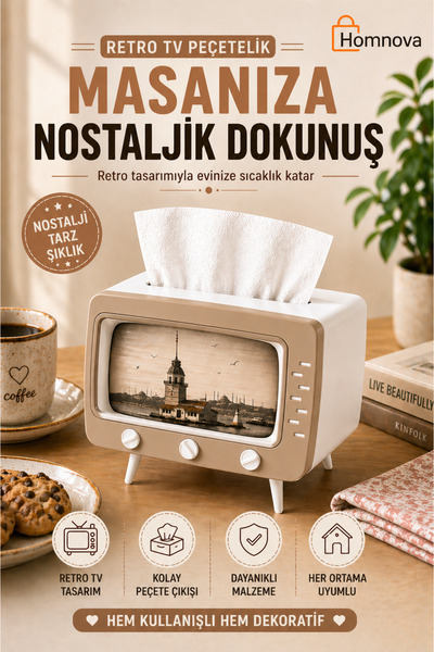 Homnova Retro TV Peçetelik | Telefon Tutucu Özellikli Nostaljik Dekor