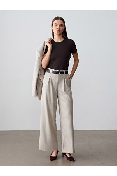 Dilvin 72682 Παντελόνι με ζώνη και πιέτες-Πέτρινο