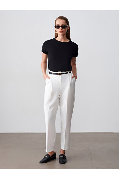 Dilvin 72653 Παντελόνι με ζώνη και πιέτες-Λευκό